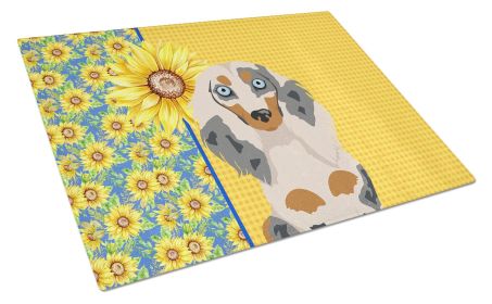 Summer Sunflowers Longhair Cream Dapple Dachshund Glass Cutting Board Decorative Tempered Glass Kitchen Cutting and Serving Board Large Size Chopping
