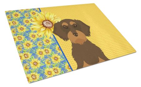 Summer Sunflowers Wirehair Chocolate and Tan Dachshund Glass Cutting Board Decorative Tempered Glass Kitchen Cutting and Serving Board Large Size Chop