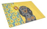 Summer Sunflowers Longhair Blue and Tan Dapple Dachshund Glass Cutting Board Decorative Tempered Glass Kitchen Cutting and Serving Board Large Size Ch