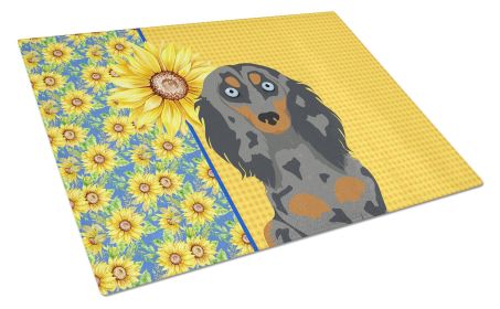 Summer Sunflowers Longhair Blue and Tan Dapple Dachshund Glass Cutting Board Decorative Tempered Glass Kitchen Cutting and Serving Board Large Size Ch