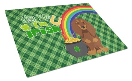 Longhair Chocolate and Tan Dachshund St. Patrick's Day Glass Cutting Board Decorative Tempered Glass Kitchen Cutting and Serving Board Large Size Chop