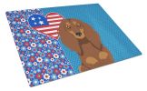 Longhair Chocolate and Tan Dachshund USA American Glass Cutting Board Decorative Tempered Glass Kitchen Cutting and Serving Board Large Size Chopping