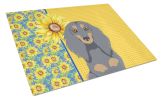 Summer Sunflowers Longhair Blue and Tan Dachshund Glass Cutting Board Decorative Tempered Glass Kitchen Cutting and Serving Board Large Size Chopping