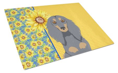 Summer Sunflowers Longhair Blue and Tan Dachshund Glass Cutting Board Decorative Tempered Glass Kitchen Cutting and Serving Board Large Size Chopping