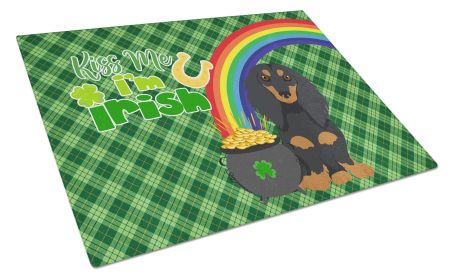 Longhair Black and Tan Dachshund St. Patrick's Day Glass Cutting Board Decorative Tempered Glass Kitchen Cutting and Serving Board Large Size Chopping