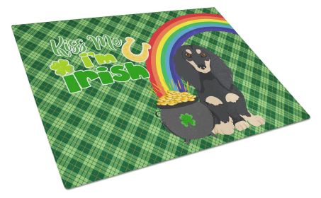 Longhair Black and Cream Dachshund St. Patrick's Day Glass Cutting Board Decorative Tempered Glass Kitchen Cutting and Serving Board Large Size Choppi