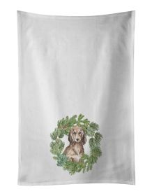 NEW Dachshund Sable Longhaired Christmas Wreath Kitchen Towel Set of 2 White Dish Towels Decorative Bathroom Hand towel for Hand, Face, Hair, Yoga