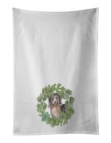 NEW Dachshund Black and Tan Longhaired Christmas Wreath Kitchen Towel Set of 2 White Dish Towels Decorative Bathroom Hand towel for Hand, Face, Hair