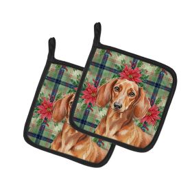 Red Brown Dachshund Christmas PoinsettIas Pair of Pot Holders Pair 7.5x7.5 Quilted Insulated Hot Pads Decorative Kitchen Gift Made in USA