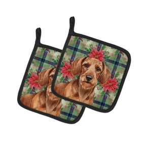 Wirehaired Red Dachshund Christmas PoinsettIas Pair of Pot Holders Pair 7.5x7.5 Quilted Insulated Hot Pads Decorative Kitchen Gift Made in USA
