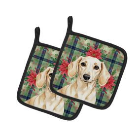 Cream Dachshund Christmas PoinsettIas Pair of Pot Holders Pair 7.5x7.5 Quilted Insulated Hot Pads Decorative Kitchen Gift Made in USA