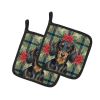 Longhaired Black and Tan Dachshund Christmas PoinsettIas Pair of Pot Holders Pair 7.5x7.5 Quilted Insulated Hot Pads Decorative Kitchen Gift Made in U