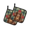 Longhaired Chocolate and Tan Dachshund Christmas PoinsettIas Pair of Pot Holders Pair 7.5x7.5 Quilted Insulated Hot Pads Decorative Kitchen Gift Made