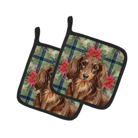 Longhaired Chocolate and Tan Dachshund Christmas PoinsettIas Pair of Pot Holders Pair 7.5x7.5 Quilted Insulated Hot Pads Decorative Kitchen Gift Made
