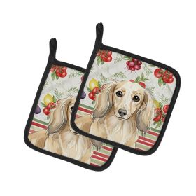 Longhaired Cream Dachshund Vegetables Pair of Pot Holders Pair 7.5x7.5 Quilted Insulated Hot Pads Decorative Kitchen Gift Made in USA