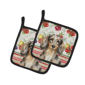 Longhaired Dapple Dachshund Vegetables Pair of Pot Holders Pair 7.5x7.5 Quilted Insulated Hot Pads Decorative Kitchen Gift Made in USA
