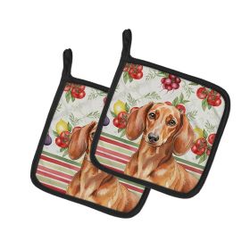 Red Brown Dachshund Vegetables Pair of Pot Holders Pair 7.5x7.5 Quilted Insulated Hot Pads Decorative Kitchen Gift Made in USA