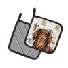 Longhaired Chocolate and Tan Dachshund Coffee Bar Pair of Pot Holders Pair 7.5x7.5 Quilted Insulated Hot Pads Decorative Kitchen Gift Made in USA
