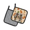 Longhaired Dapple Dachshund Heirloom Fall Pair of Pot Holders Pair 7.5x7.5 Quilted Insulated Hot Pads Decorative Kitchen Gift Made in USA