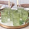 Vintage Ribbed Green Drinking Glasses Set of 6-13 oz Embossed Glass Cups for Water, Iced Tea, Cocktails - Colored Glassware for Kitchen, Vintage Tumbl