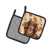 Longhaired Chocolate and Tan Dachshund Heirloom Fall Pair of Pot Holders Pair 7.5x7.5 Quilted Insulated Hot Pads Decorative Kitchen Gift Made in USA