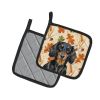 Longhaired Black and Tan Dachshund Heirloom Fall Pair of Pot Holders Pair 7.5x7.5 Quilted Insulated Hot Pads Decorative Kitchen Gift Made in USA