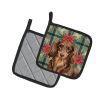 Longhaired Chocolate and Tan Dachshund Christmas PoinsettIas Pair of Pot Holders Pair 7.5x7.5 Quilted Insulated Hot Pads Decorative Kitchen Gift Made