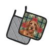 Wirehaired Red Dachshund Christmas PoinsettIas Pair of Pot Holders Pair 7.5x7.5 Quilted Insulated Hot Pads Decorative Kitchen Gift Made in USA