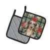 Longhaired Dapple Dachshund Christmas PoinsettIas Pair of Pot Holders Pair 7.5x7.5 Quilted Insulated Hot Pads Decorative Kitchen Gift Made in USA