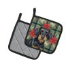 Wirehaired Black and Tan Dachshund Christmas PoinsettIas Pair of Pot Holders Pair 7.5x7.5 Quilted Insulated Hot Pads Decorative Kitchen Gift Made in U