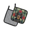 Longhaired Black and Tan Dachshund Christmas PoinsettIas Pair of Pot Holders Pair 7.5x7.5 Quilted Insulated Hot Pads Decorative Kitchen Gift Made in U