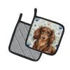 Longhaired Chocolate and Tan Dachshund Coastal Sea Glass Pair of Pot Holders Pair 7.5x7.5 Quilted Insulated Hot Pads Decorative Kitchen Gift Made in U