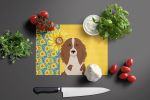 Summer Sunflowers Longhair Red Pedbald Dachshund Glass Cutting Board Decorative Tempered Glass Kitchen Cutting and Serving Board Large Size Chopping B