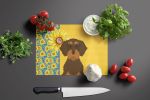 Summer Sunflowers Wirehair Chocolate and Tan Dachshund Glass Cutting Board Decorative Tempered Glass Kitchen Cutting and Serving Board Large Size Chop