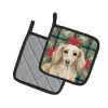 Longhaired Cream Dachshund Christmas PoinsettIas Pair of Pot Holders Pair 7.5x7.5 Quilted Insulated Hot Pads Decorative Kitchen Gift Made in USA