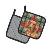 Red Brown Dachshund Christmas PoinsettIas Pair of Pot Holders Pair 7.5x7.5 Quilted Insulated Hot Pads Decorative Kitchen Gift Made in USA